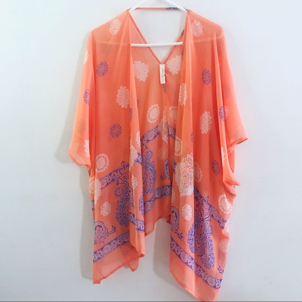Orange & blue print Boho sheer festival kimono top keyhole bac…